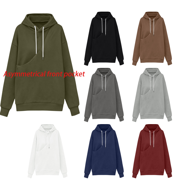 Atkumj Hoodies for Men with Asymmetrical Front Pocket Casual Solid Color Long Sleeve Pullover Hoodie Fashion Fall Drawstring Hooded Sweatshirt S