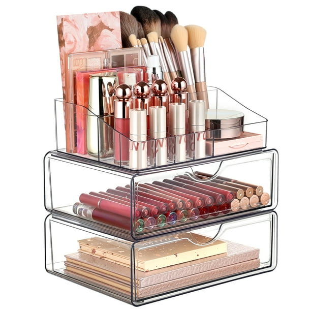 Organizador de maquillaje Vtopmart de 3 niveles con cajón de plástico transparente