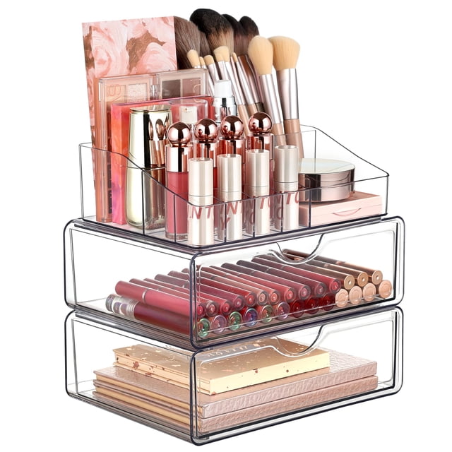 Organizador de maquillaje Vtopmart de 3 niveles con cajón de plástico transparente
