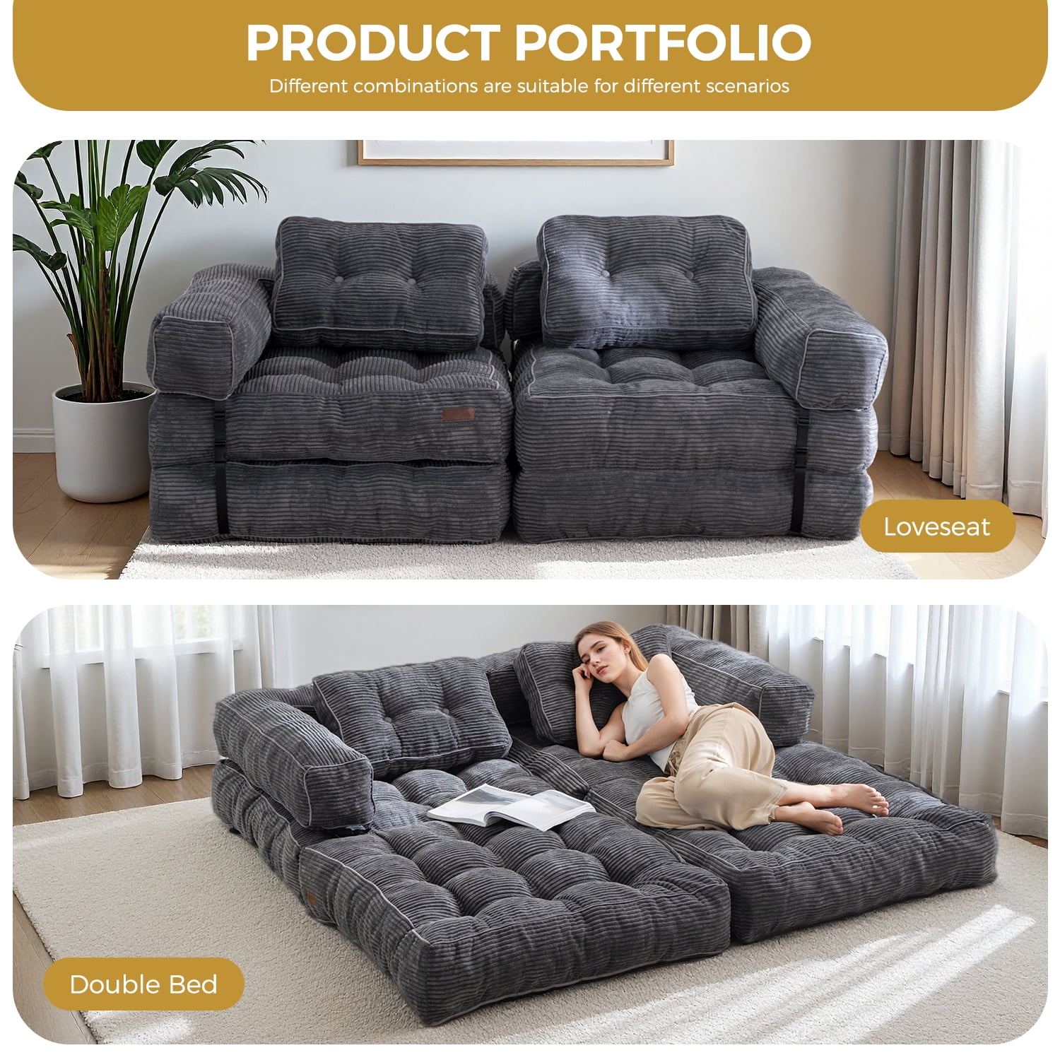 BYBYME Folding Sofa Bed,8 Inch L Shape Convertible Sofa Bed with Armrests,Floor Sofa Bed with Pillows,Portable Folding Chair Bed,Lounger for Living Room and Bedroom,etc.,DGrey