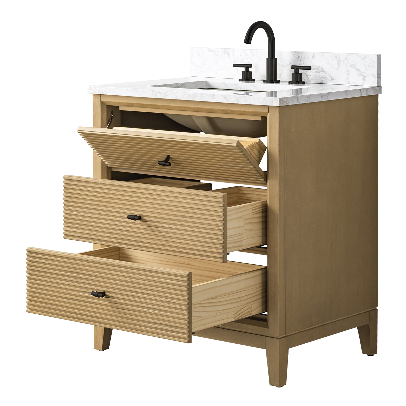 Vanity Art 30" Bathroom Vanity with Sink and Engineered Marble Top, Freestanding Storage Cabinet with 2 Drawers and 1 Flip Down Tray