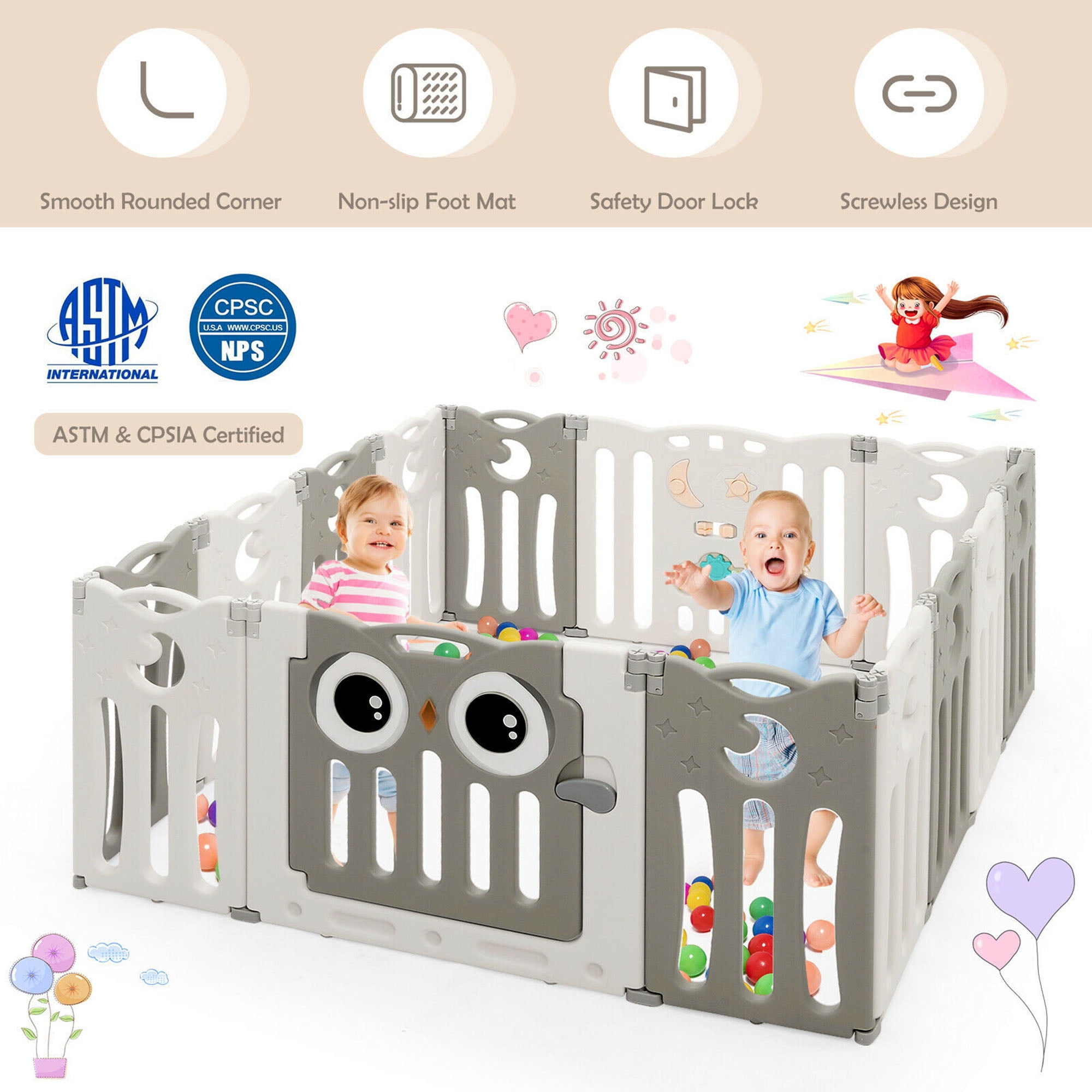 Gymax 14-Panel Baby Playpen Foldable Play Yard Kids Activity Center with Lock Door, Beige