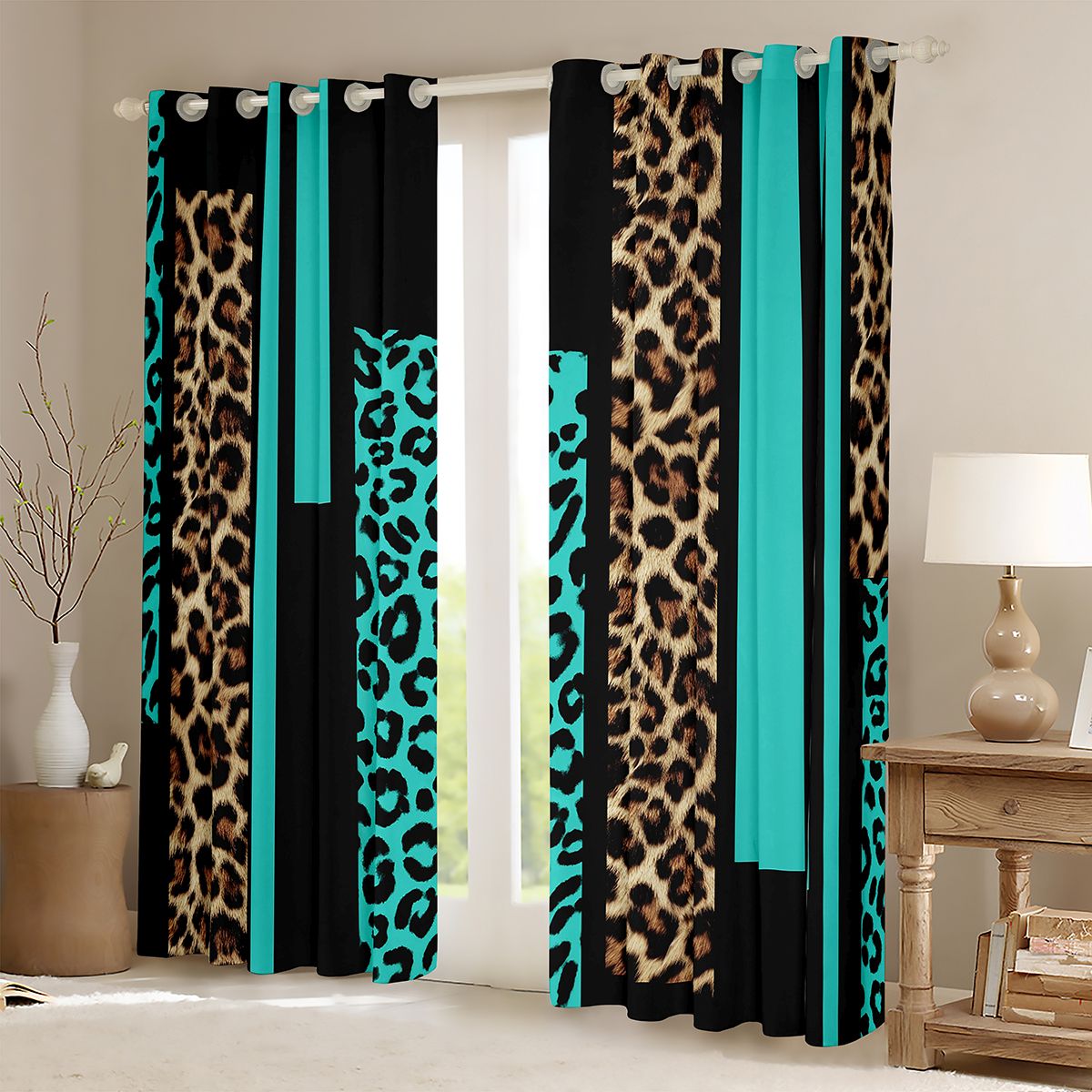Feelyou Leopard Cheetah Print Curtains Pack of 2 (42x84 Each), Modern Fashion Cyan Curtains Blackout, Teens Adult Women Men Bedroom Curtains, Blackout Curtains Room Decor