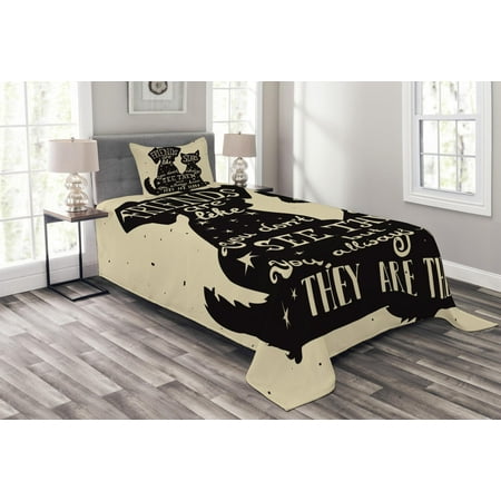 Star Needlepoint - Inspirational Bedspread Set, Cat and Dog Silhouettes with Friendship Themed Phrase ans Stars Grungy Display, Decorative Quilted Coverlet Set with Pillow Shams Included, Black Tan, by Ambesonne