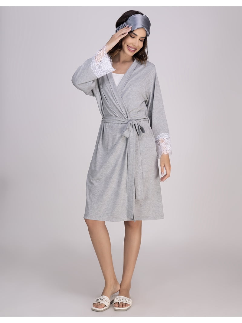 Moomaya Gray Cotton Jersey Robe | Women's Lace Trim Dressing Gown | 3/4Th Sleeve Loungewear, Size: 2XL Moomaya Gray Cotton Jersey Robe | Women's Lace Trim Dressing Gown | 3/4Th Sleeve Loungewear, Size: 2XL