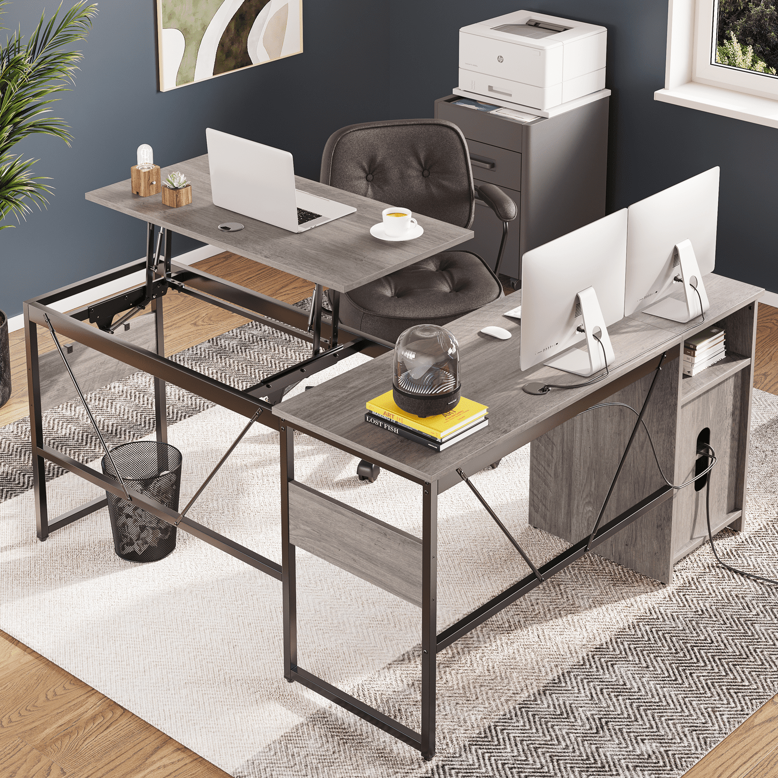 Bestier Versatile 60 Inch L-Shaped Standing Desk, Lift Top Corner Desk Extending to 95 Inches with Storage Cabinet and Hooks for Home Office, Washed Gray