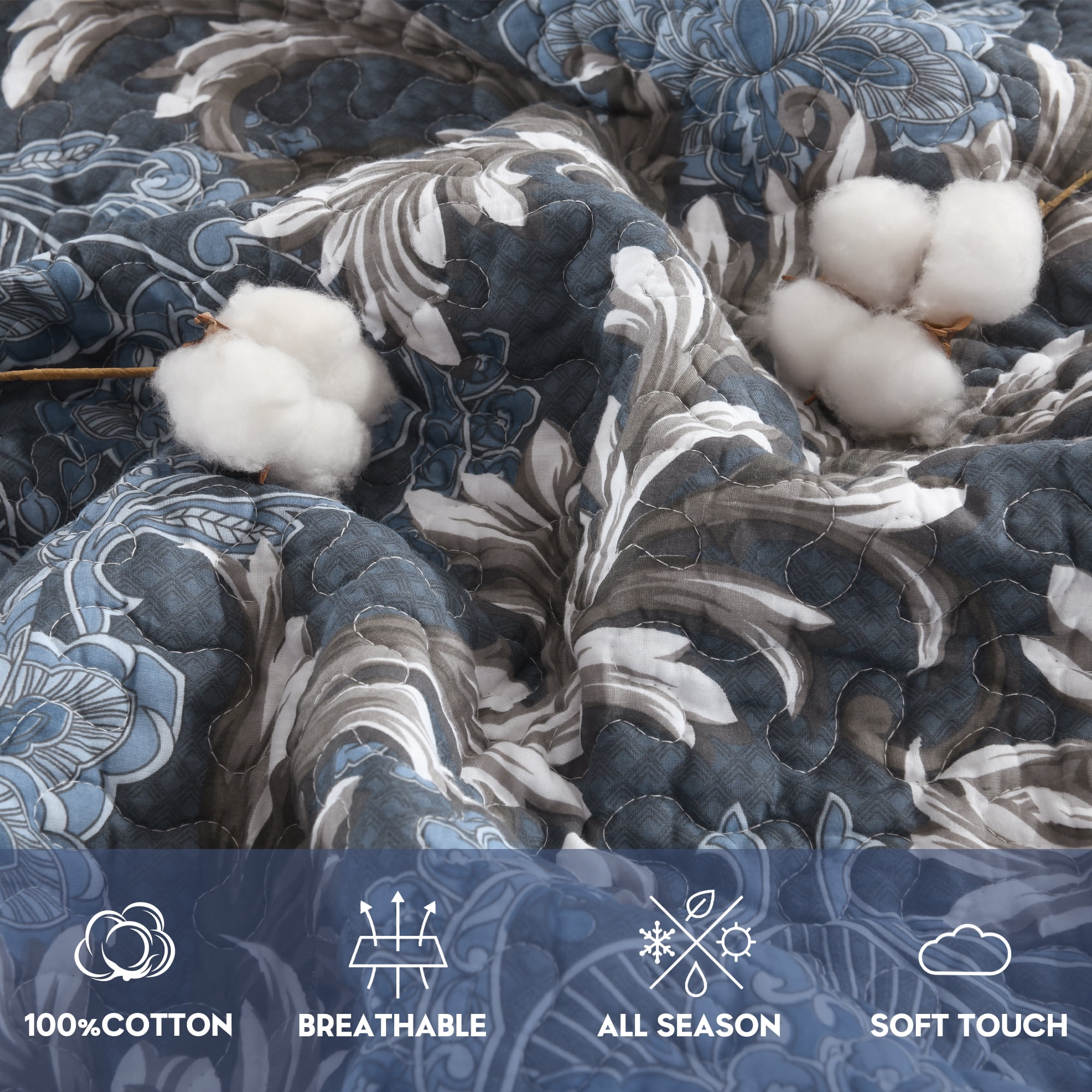BCOTTOND Floral Quilt Set Queen Size- 100% Cotton Pre-Washed Luxury Coverlet with 2Pillow Shams - Reversible Dimensional Botanical Bedspread(Blue/Grey)