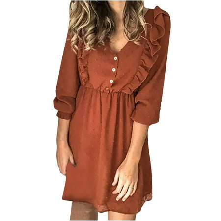 

EchfiProm 2023 Gifts For Women Women s Casual Solid V-Neck Ruffle Splicing Long Sleeve Corset Dress Holiday Top Dress