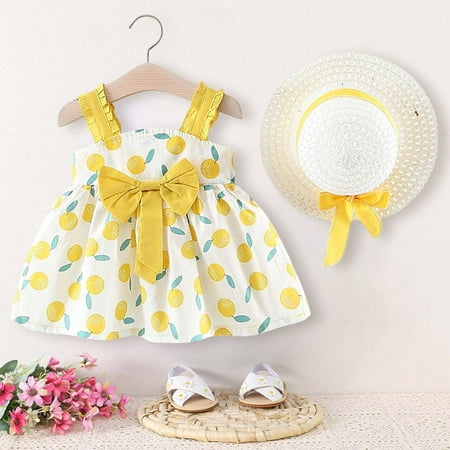 KANG Fashion Girls Dresses Girls Fruit Print 2‑Piece Outfit Ruffle‑Strap Bow Dress & Matching Woven Hat Summer Casual Princess Set For Toddlers 0‑3 Years Yellow 73