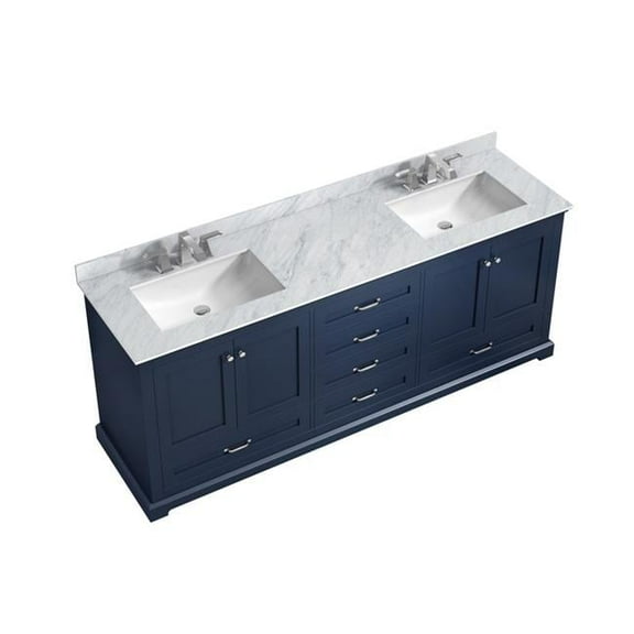 Dukes 80 in. Navy Blue Double Vanity, White Carrara Marble Top, White Square Sinks & No Mirror - 80 x 22 x 34 in.
