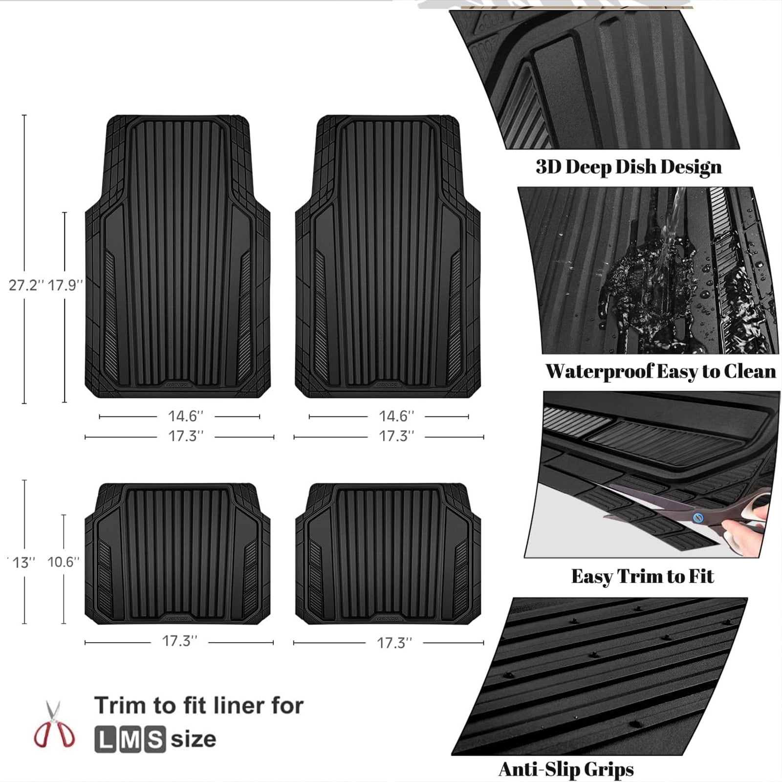 CAR GRAND Heavy Rubber Car Floor Mats, Deep Waterproof Car Mats All Weather, Universal Trim-to Fit Automotive Floor Mats for Car SUV Truck Van, Durable Floor Liners waterproof anti-slip all black
