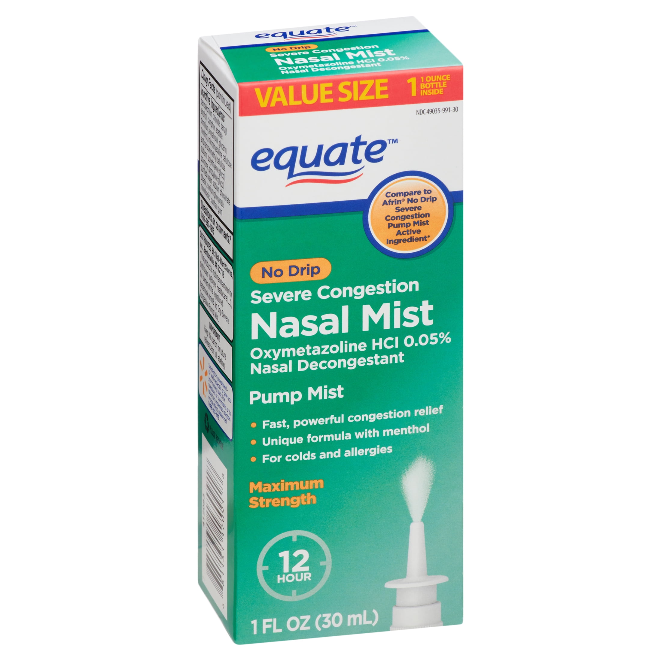 Equate Gluten-Free Oxymetazoline Allergy Medicine Mist for Cold 12 Hour Relief with 1 Bottle 0.05 Hcl