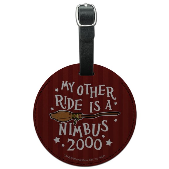 Harry Potter My Other Ride Is a Nimbus 2000 Round Leather Luggage Card Suitcase Carry-On ID Tag
