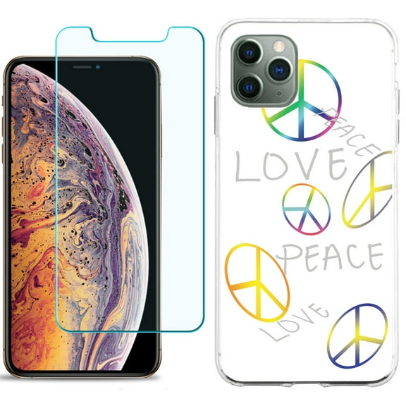 For Apple iPhone 11 Pro Case , Slim-Fit TPU Protective Phone Case with Tempered Glass Screen Protector, by OneToughShield ® - Love/Peace