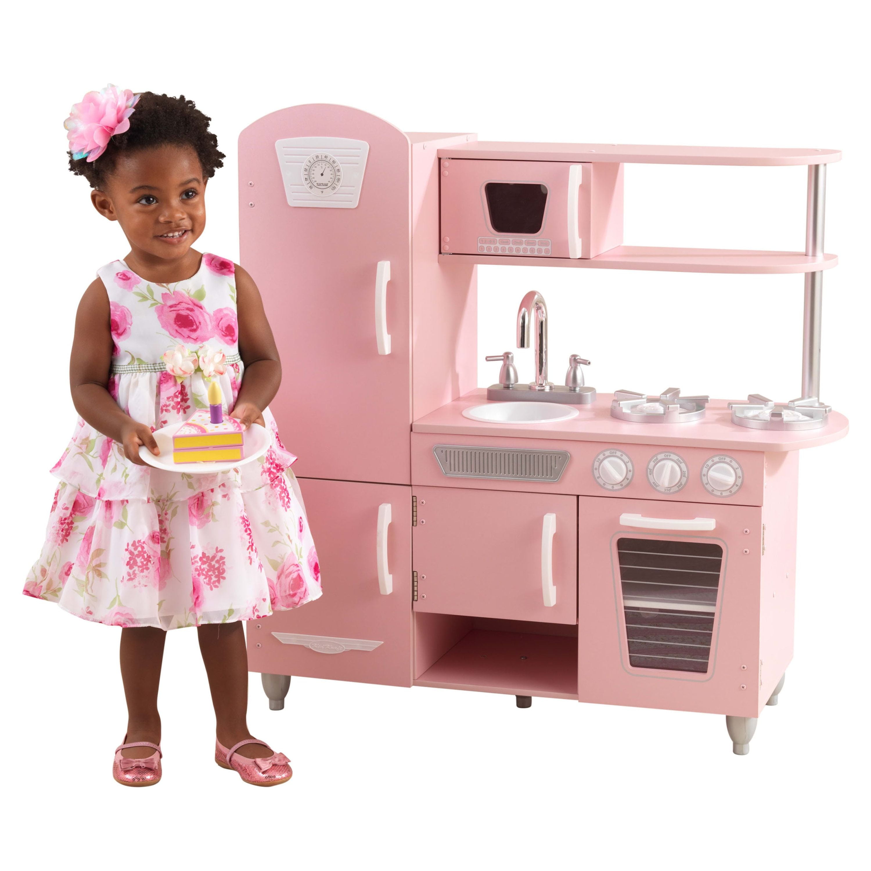 Vintage Wooden Play Kitchen with Pretend Ice Maker and Play Phone, Pink