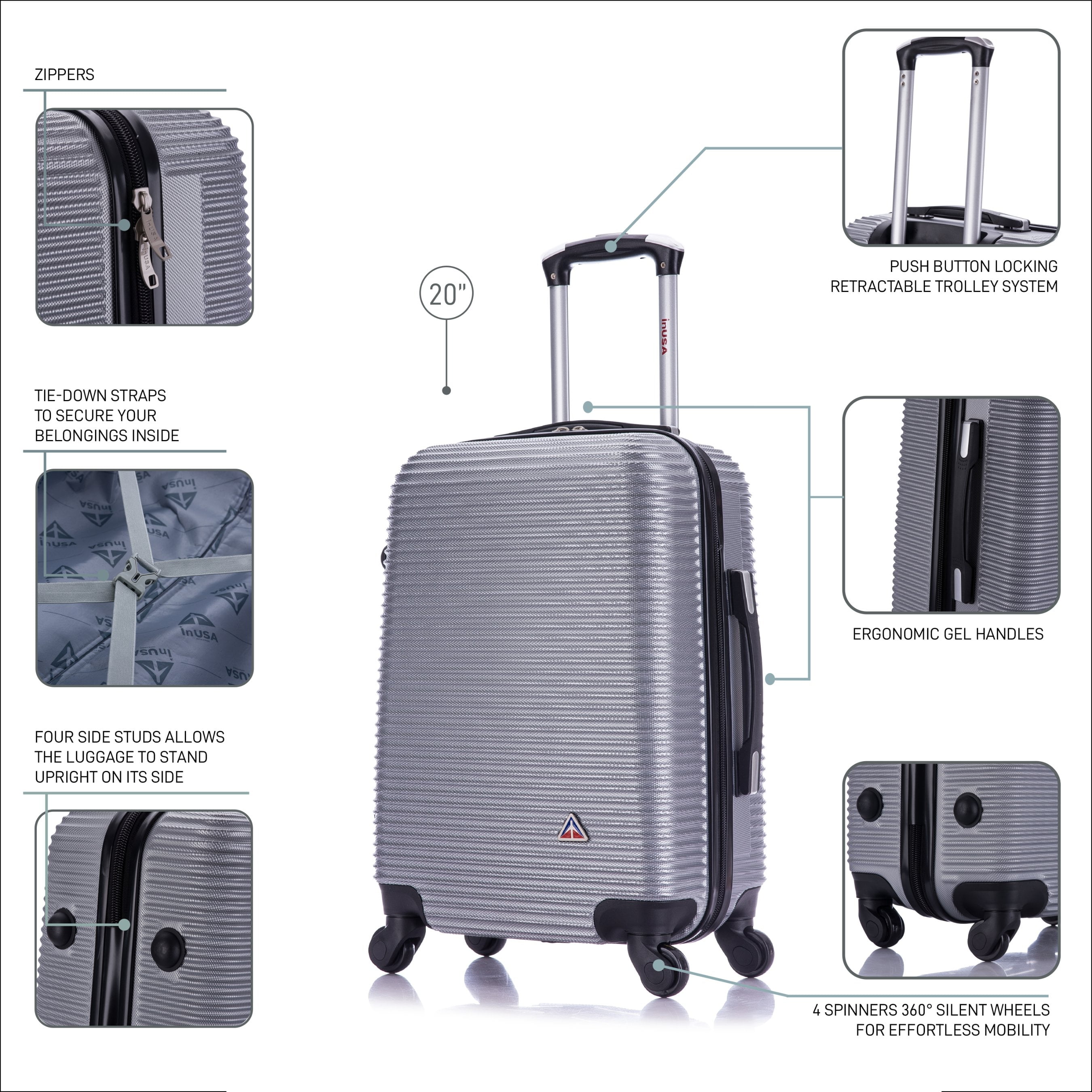 InUSA Royal 20" Hardside Lightweight Luggage with Spinner Wheels, Handle, and Trolley, Silver