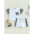 thumbnail image 2 of Cenuakty Toddler Baby Boy Summer Clothes Suits Plaid Patchwork Short Sleeve Crew Neck T-Shirts Tops Elastic Waist Shorts 2Pcs Set, 2 of 9