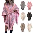 thumbnail image 6 of Xfvqtps Women Cape with Hole Mixed Colors Stripe Large Size Open Front Tassel Hem Plush Pompom Classical Warm Loose Windproof Coldproof Warm Winter Shawl Wraps Khaki, 6 of 6