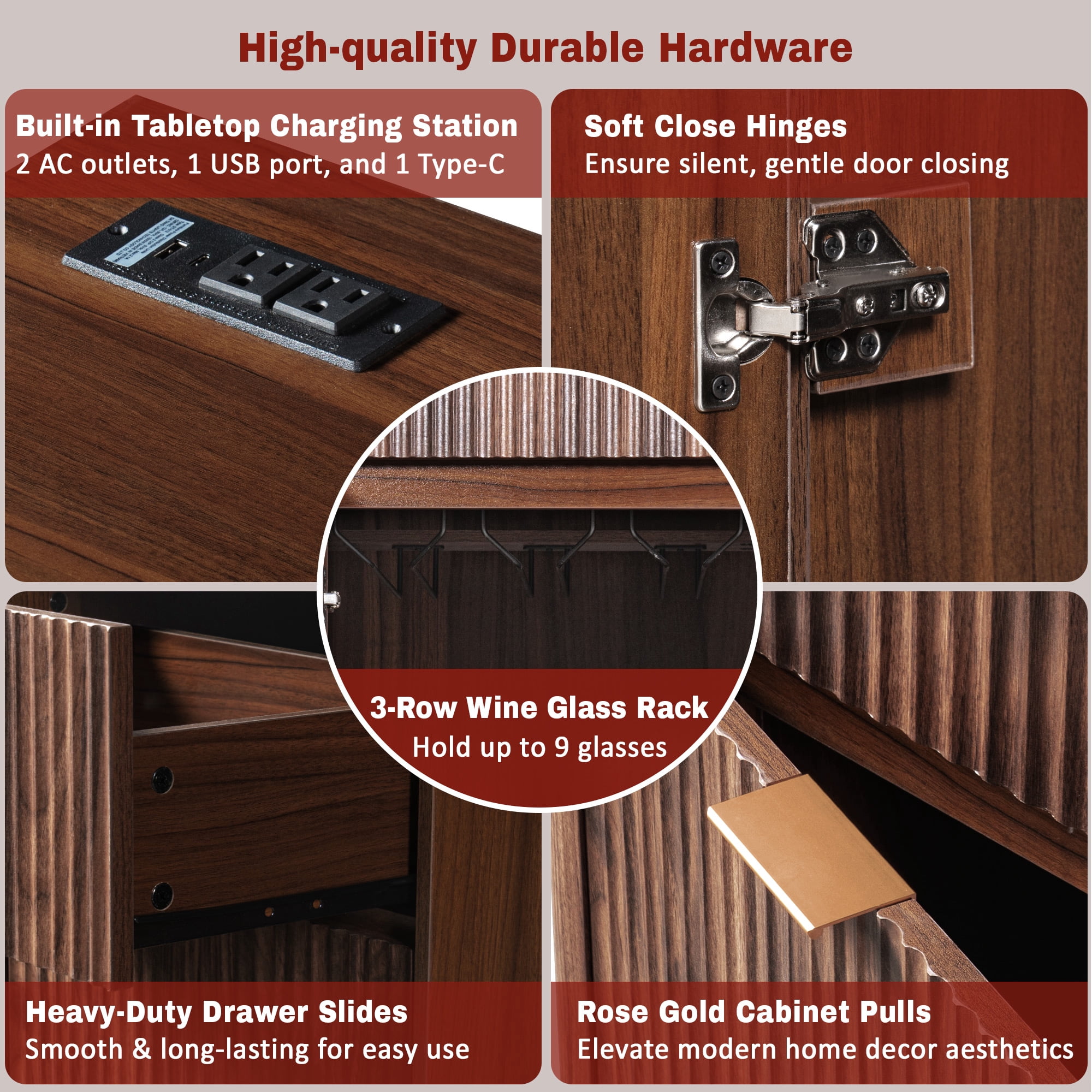 Mintazer 39" Modern Fluted Coffee Bar Cabinet with Fridge Space & Charging Station, Sideboard Beverage Station with Wine Glass Rack & Adjustable Shelves for Dining Room Living Room Apartment, Walnut