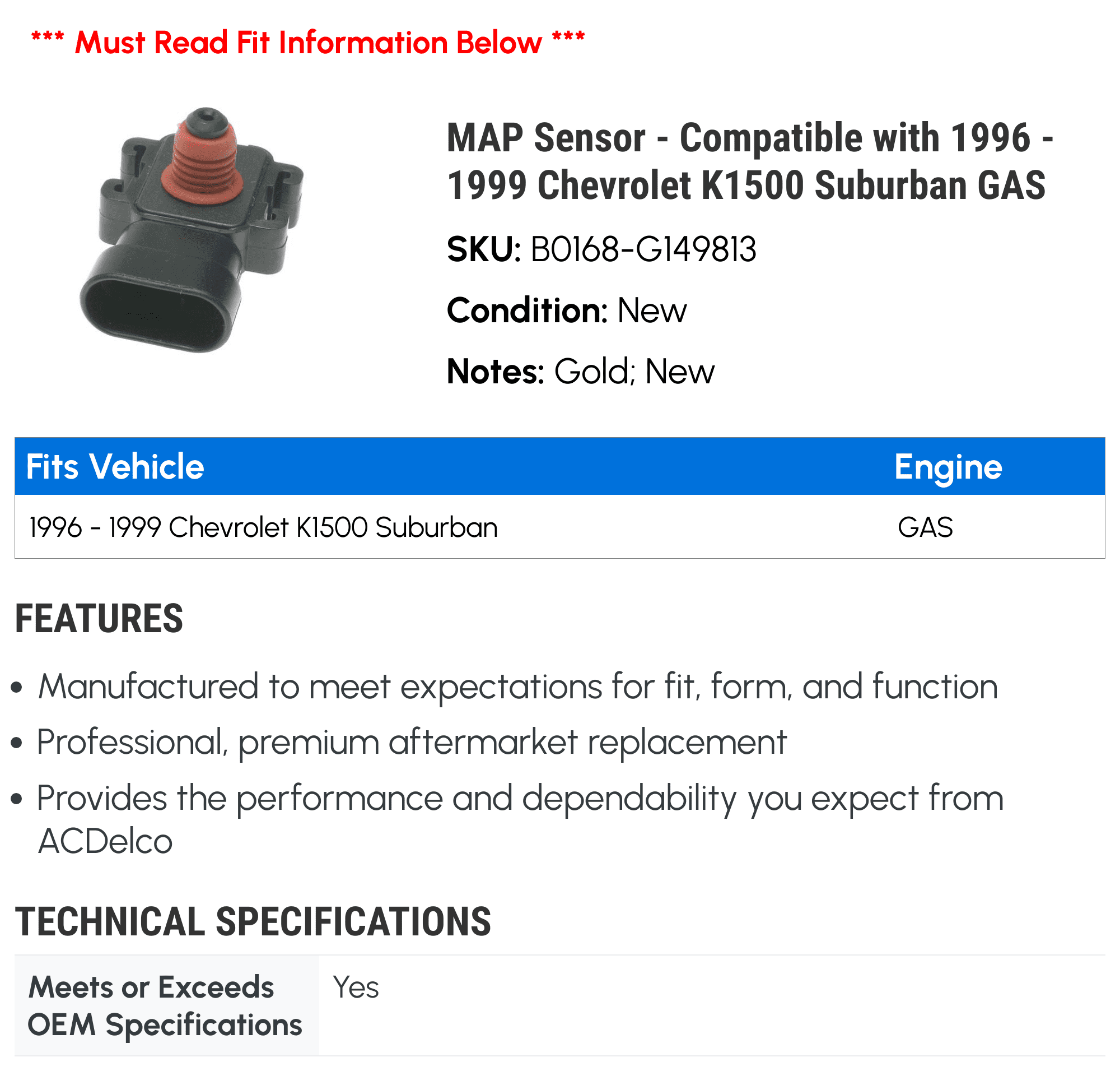 MAP Sensor - Compatible with 1996 - 1999 Chevy K1500 Suburban GAS 1997 1998