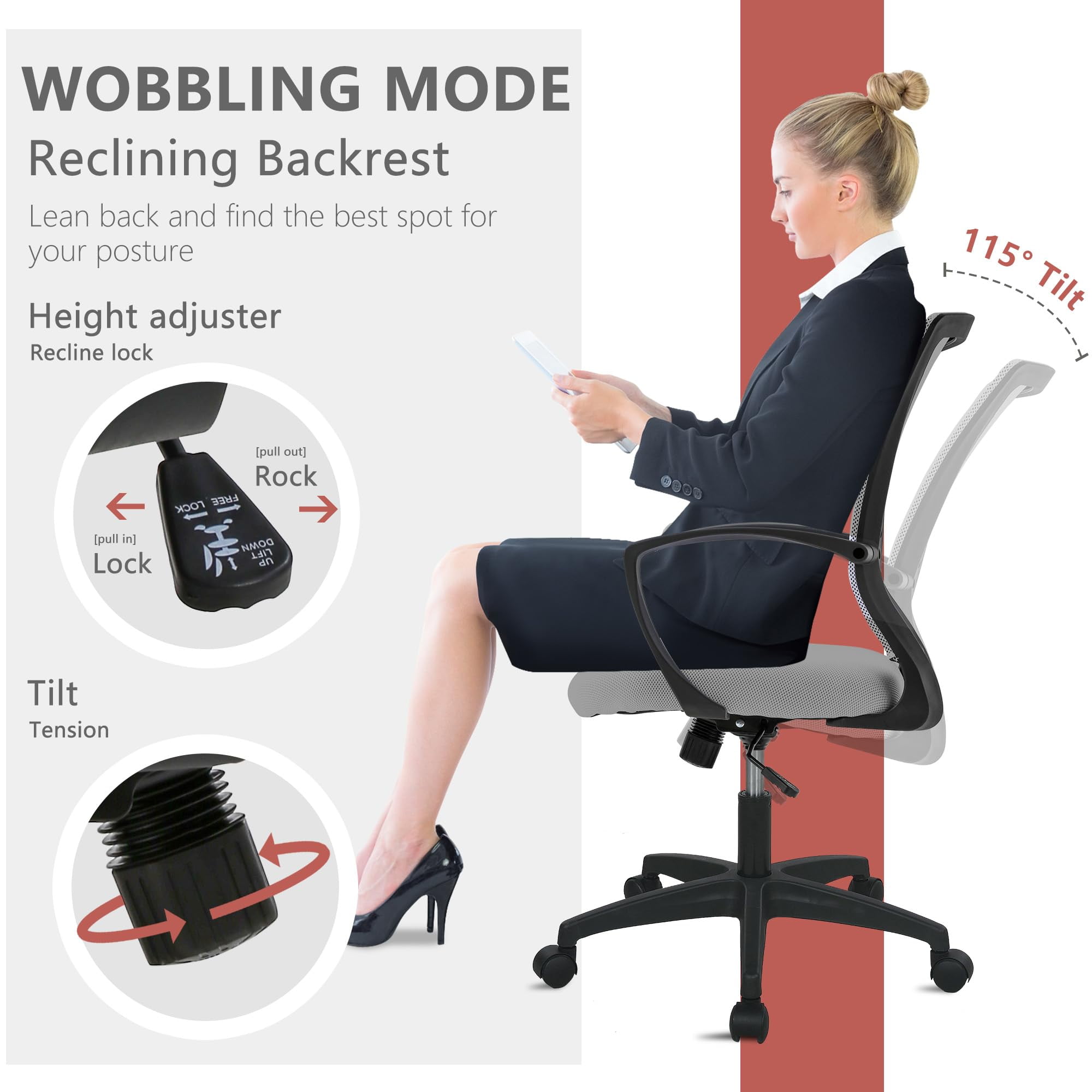 PayLessHere Ergonomic Office Chair with Lumbar Support, Adjustable Height, Swivel Casters, Grey, 1 Pack