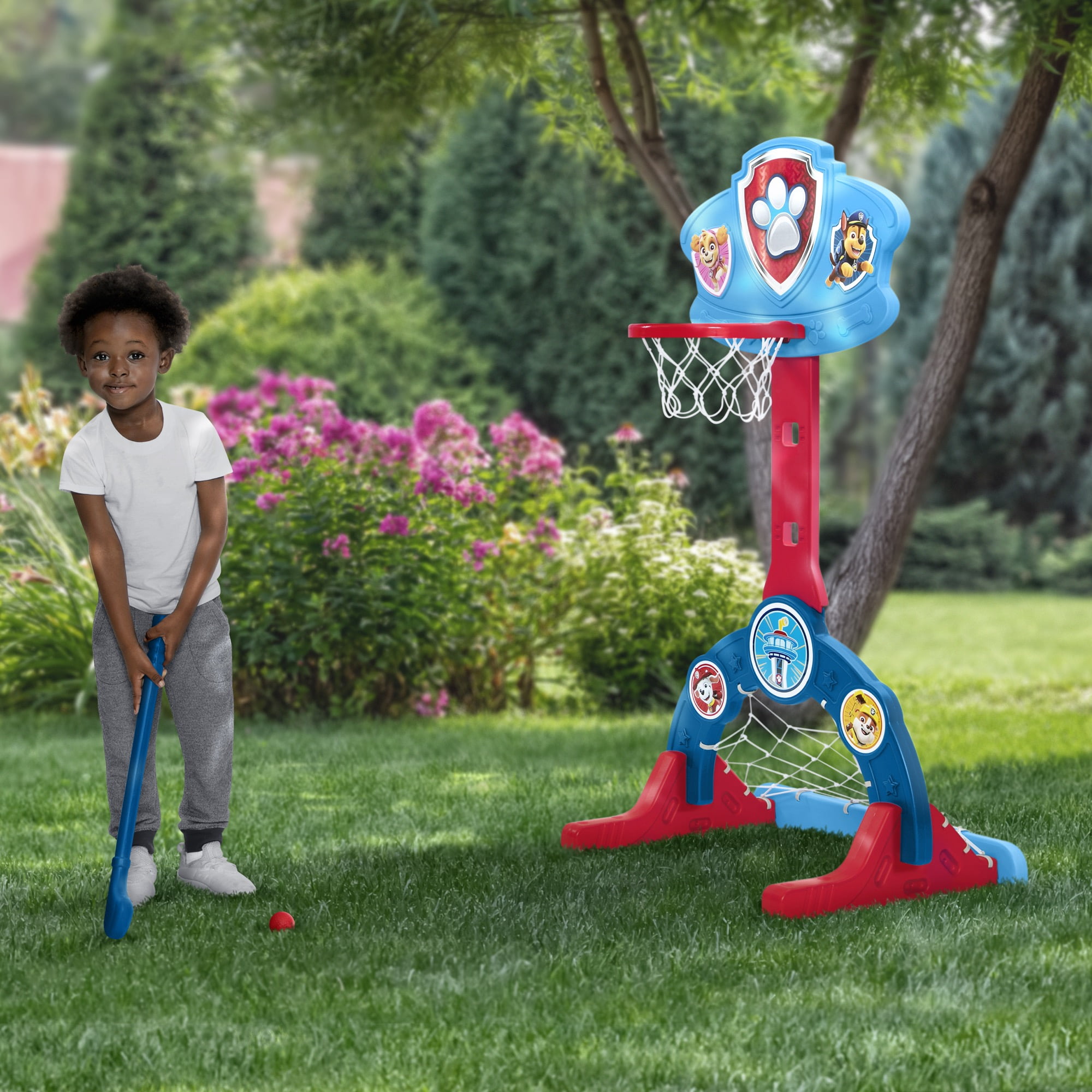 PAW Patrol 4-in-1 Sports Center by Delta Children – Adjustable Basketball Hoop, Soccer/Hockey Net & Golf Game, Blue