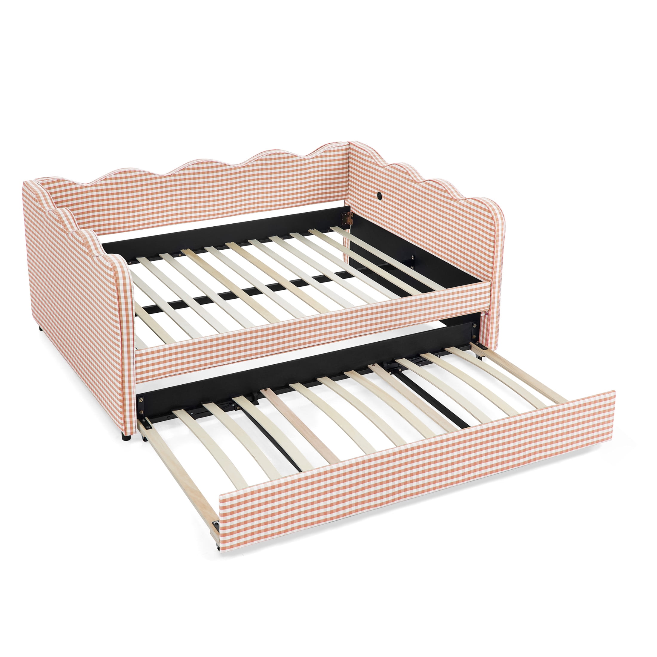 Noble House Wesley Full Size Waved Daybed, Cozy Gingham Linen Sofa Bed with Twin Trundle and Charging Port, Pink