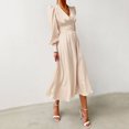 thumbnail image 4 of 2024 Spring New Satin Dress Female Design Sense Lantern Sleeve Notched Slim Temperament Slim Long Dress, 4 of 5