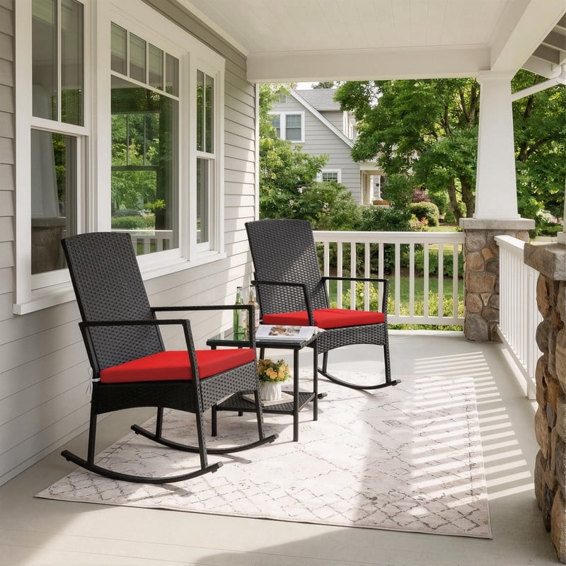 Devoko 3 Pieces Patio Rattan Rocking Chair Set with Cushion and Table Outdoor Porch and Garden Furniture Set, Red