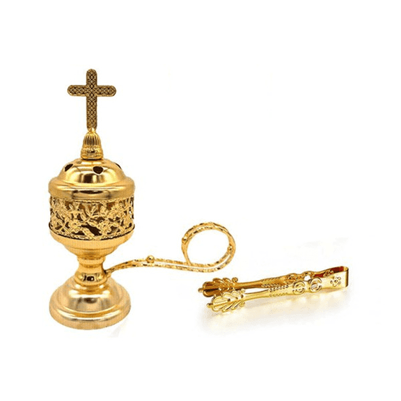 Gold Metal Incense Burner with Cross Finial and Tongs, Iron Alloy Censer, Electroplated Surface with Hollow-Carved Raised Design, 6.1 x 4.5 in, for Frankincense Charcoal, Home Decor, Christian Church