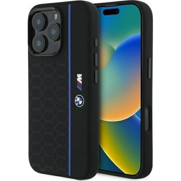 BMW M Series Silicone Hexagon Blue Line Case with MagSafe for iPhone 16 Pro 6.3" Black - BMHMP16L23SHEB