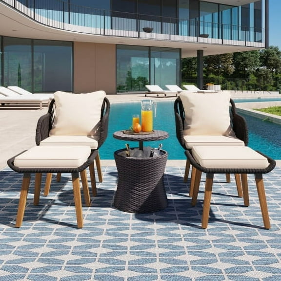 Enyopro 5-Piece Patio Furniture Sets on Sale, with Wicker Cool Bar Table & Ottomans, Acacia Wood Chairs, Outdoor Conversation Set with FSC Certified, Black & Beige Color