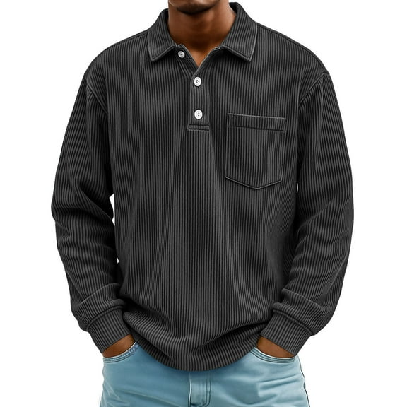 Dresfit Big and Tall Shirts Men Corduroy Ribbed Polo Shirts Lightweight Loose Fit Long Sleeve Button Down Knit Sweater Chest Pocket Lapel Thermal T Shirt Black 3XL