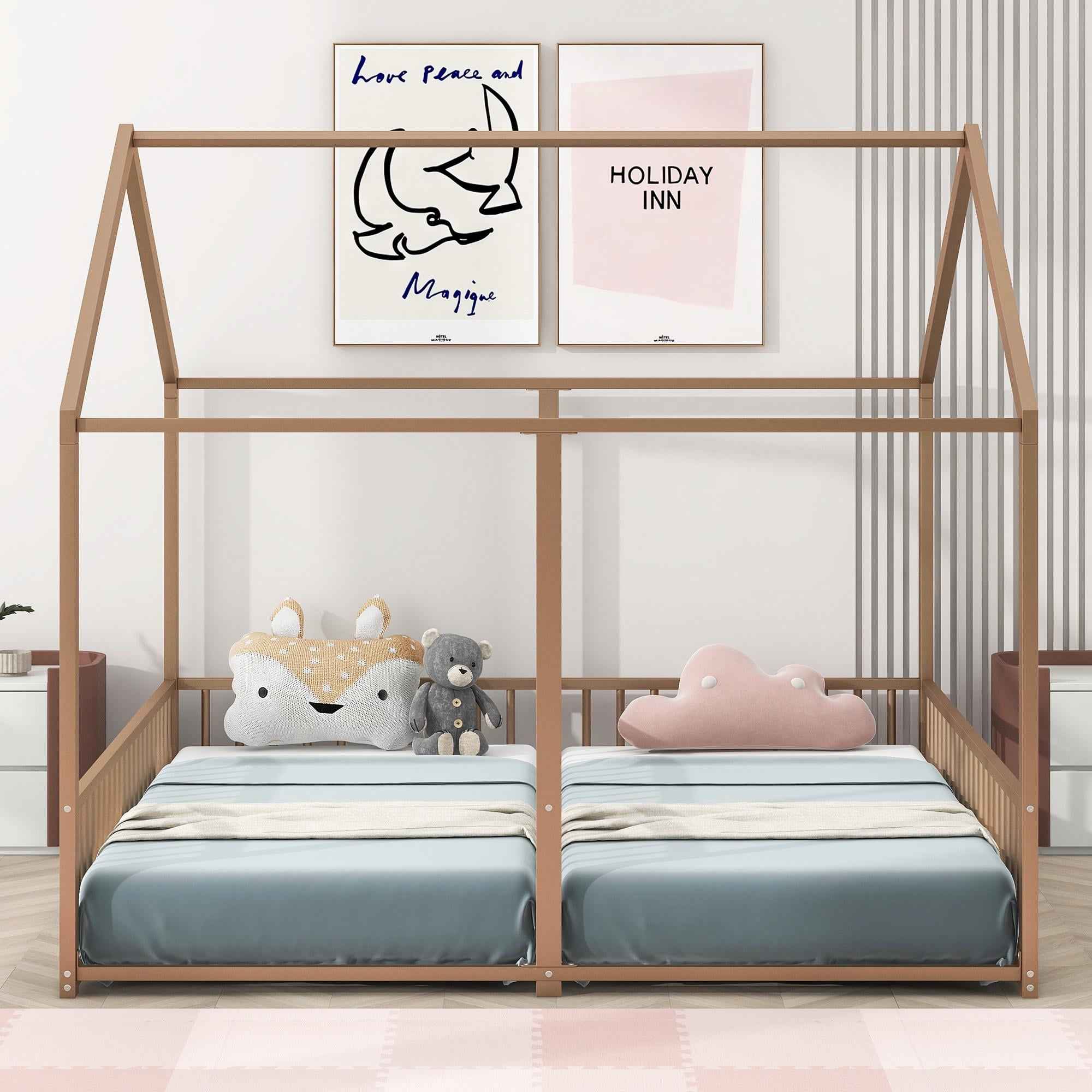 Bellemave Double Twin Size Floor Bed, Metal Shared Platform Beds for 2 Kids, Montessori House Bed for Toddler Boys Girls Teens(Gold)