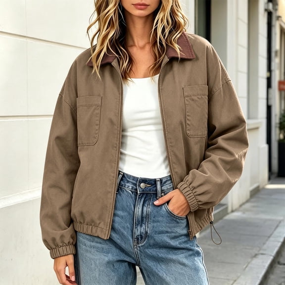 Womens Fall Barn Jackets Color Blocked Turndown Collar Full Zipper Jacket Elastic Cuff Waist Fashion Vintage Jacket with Pockets Khaki L