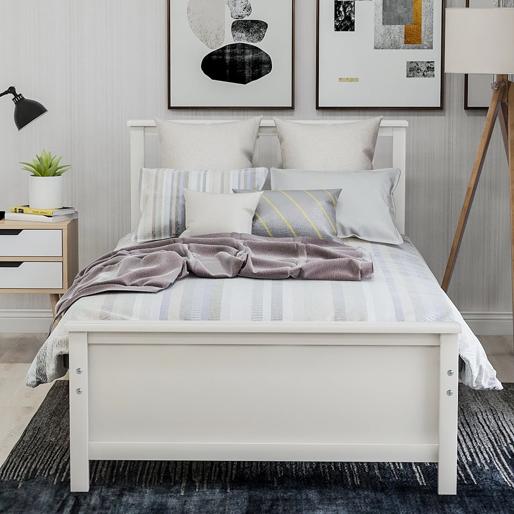 Wood Platform Beds with Headboard, Footboard and Wood Slat Support, White