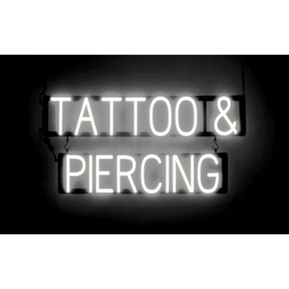 SpellBrite TATTOO & PIERCING LED Sign for Business. 31.1" x 15.0" White TATTOO & PIERCING Sign Has Neon Sign Look With Energy Efficient LED Light Source. Visible from 500+ Feet, 8 Animation Settings.