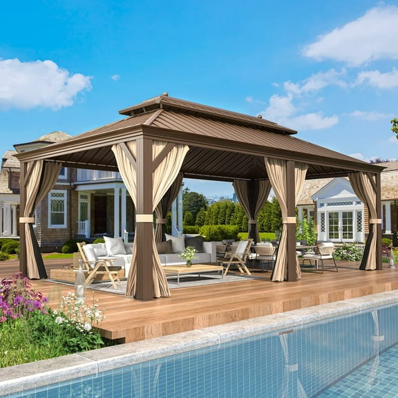 EROMMY 12' x 20' Gazebo HardtopDouble Roof Galvanized Steel Canopy with Netting and Curtains Outdoor Aluminum Frame Permanent Metal Pavilion for Patio Backyard and Lawns