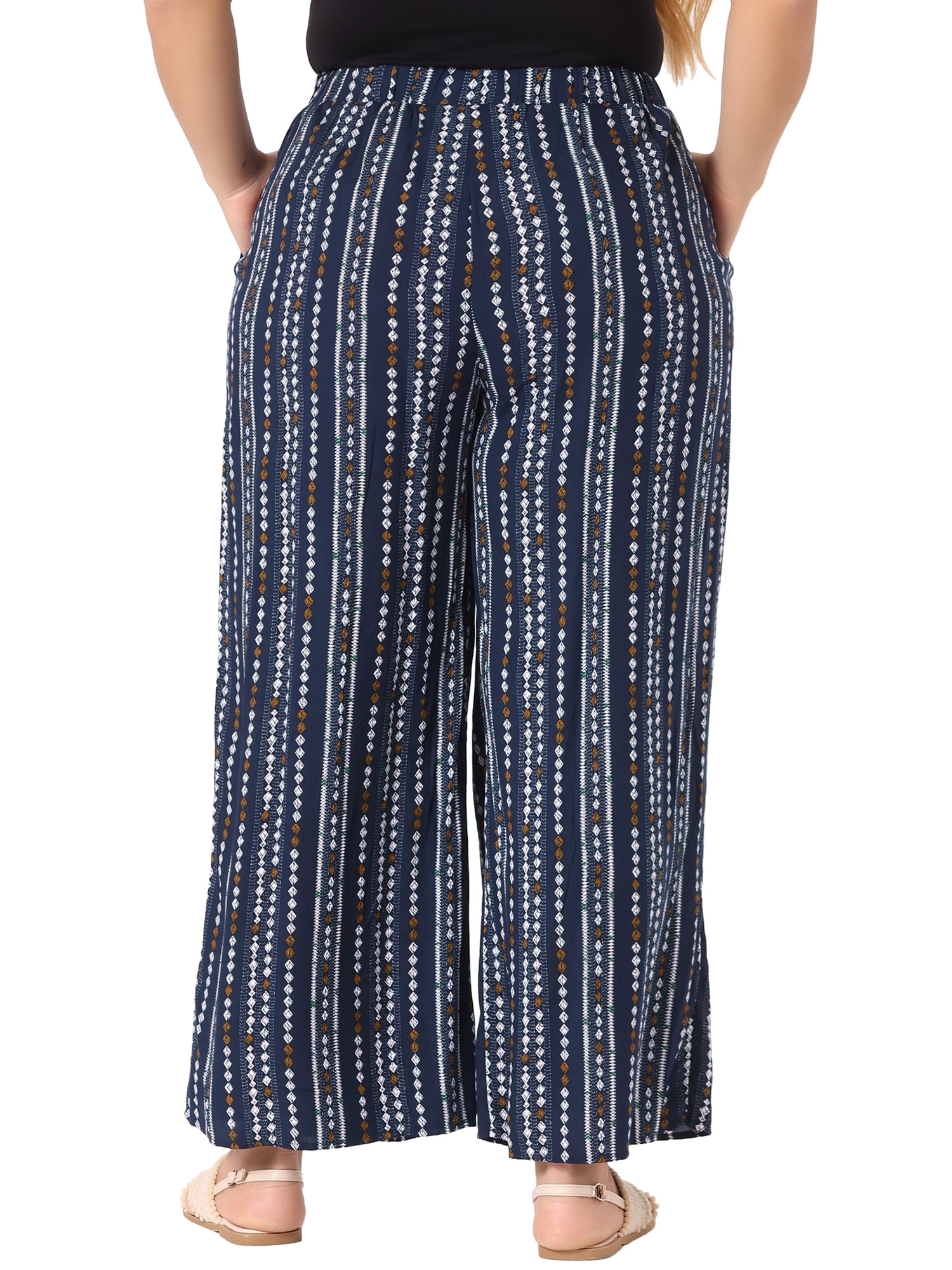 DARING DIVA Women's Plus Stripe Boho Wide Leg Paper Bag Pants 4X Navy Blue