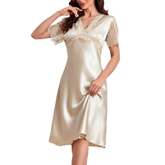 yillto Womens Satin Silky Nightdress V Neck Sleepwear Lounge Nightgowns Loose Soft Pajamas Nightgown