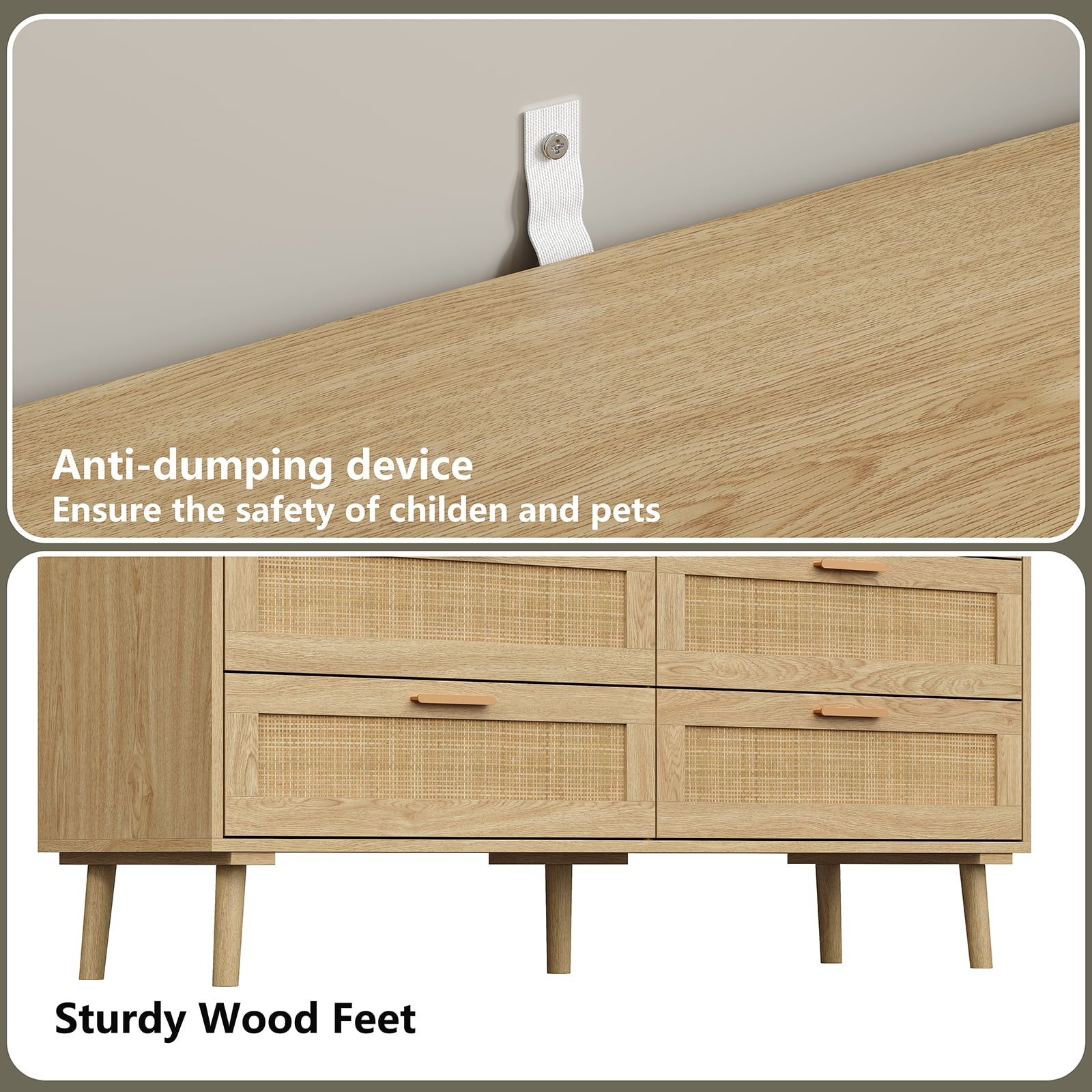 Furnihold Rattan Dresser for Bedroom 47.3''W 6 Drawer Dresser Modern Dressers & Chests Wood Natural Dresser Beside Table for Living Room, Hallway