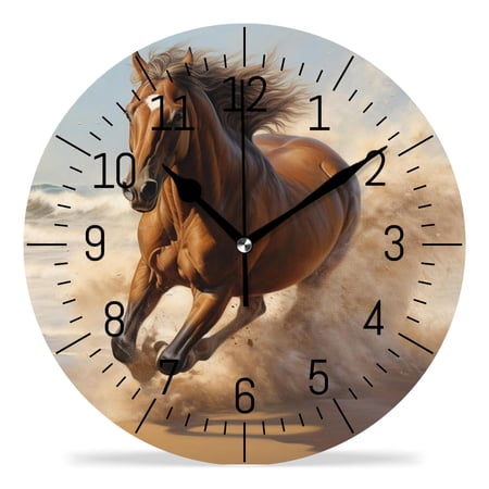erolrail Rustic Wall Clock,Silent Non Ticking Wall Clocks for Living Room,Bedroom,Kitchen 12IN Wild Running Horse At Beach Design