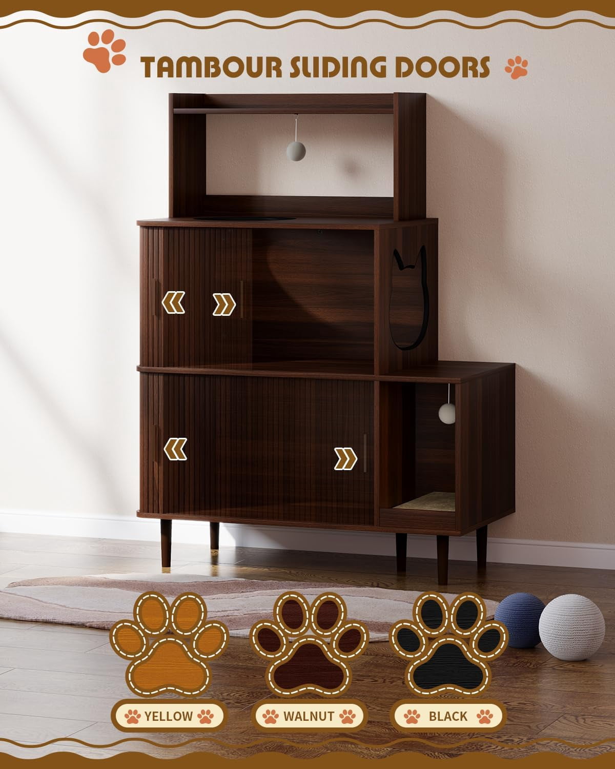 Cat Litter Box Enclosure Furniture with Sliding Door, Large 3-Tier Wood Cat House, Cat Scratch Pad & 2 Dangling Plush Balls, Brown