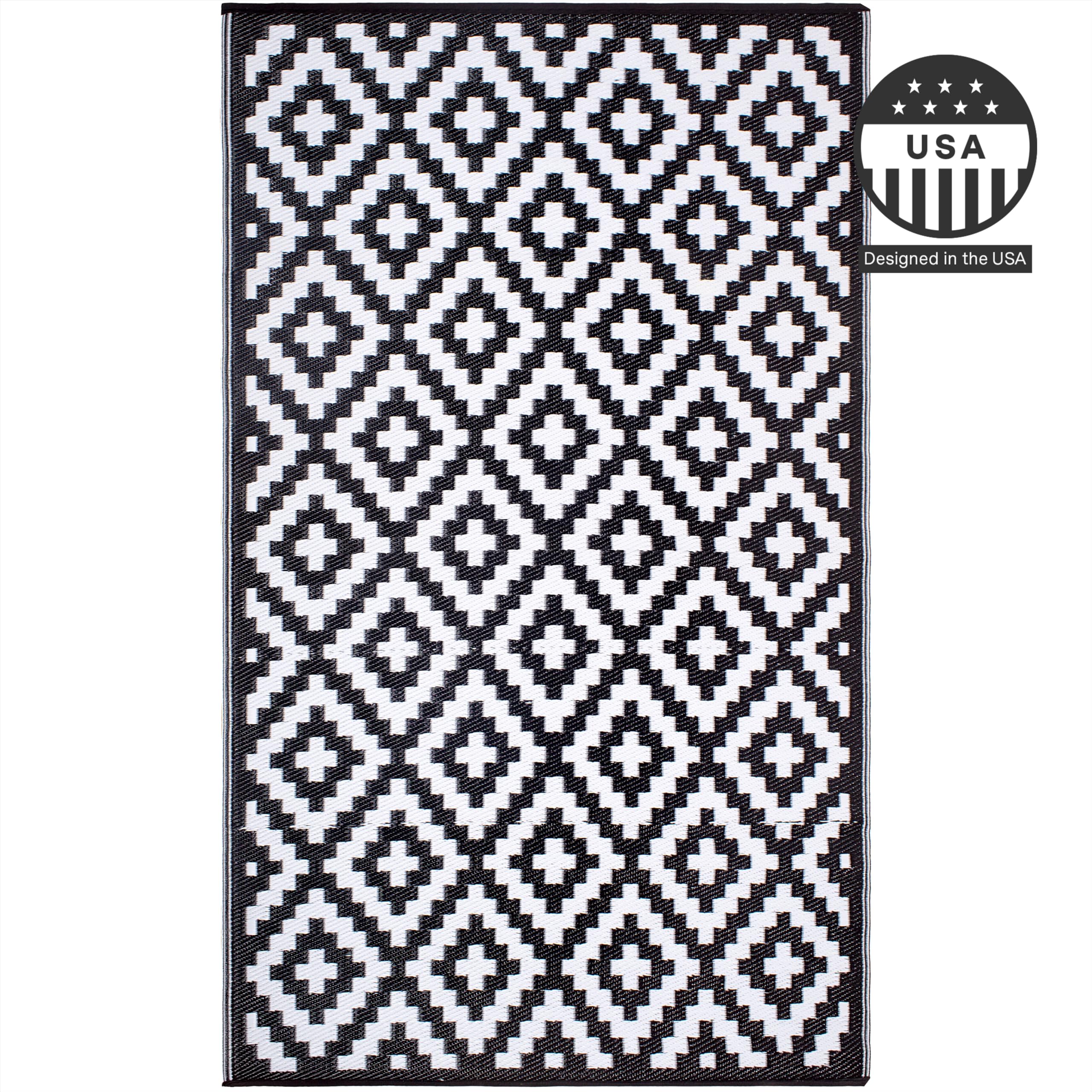 FH Home Outdoor Rug - Reversible - Indoor Use, Kids Room, Mudroom - Stain Resistant, Easy to Clean Weather Resistant Floor Mats - Aztec - Black/White (3 ft x 5 ft)