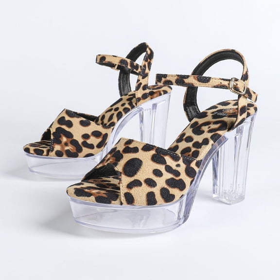 Sexy Clear Leopard Sandals for Women, 10CM Block Heel with Platform, 2026 Spring New Open-Toe Slip-Ons, Stage & Outdoor Wear