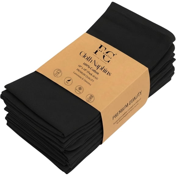 Cloth Napkins Set of 12, 18x18 Inch 100% Cotton Dinner Napkins, Soft Washable & Reusable Table Napkins for Home, Hotel, Restaurant, Parties & Weddings (Black)