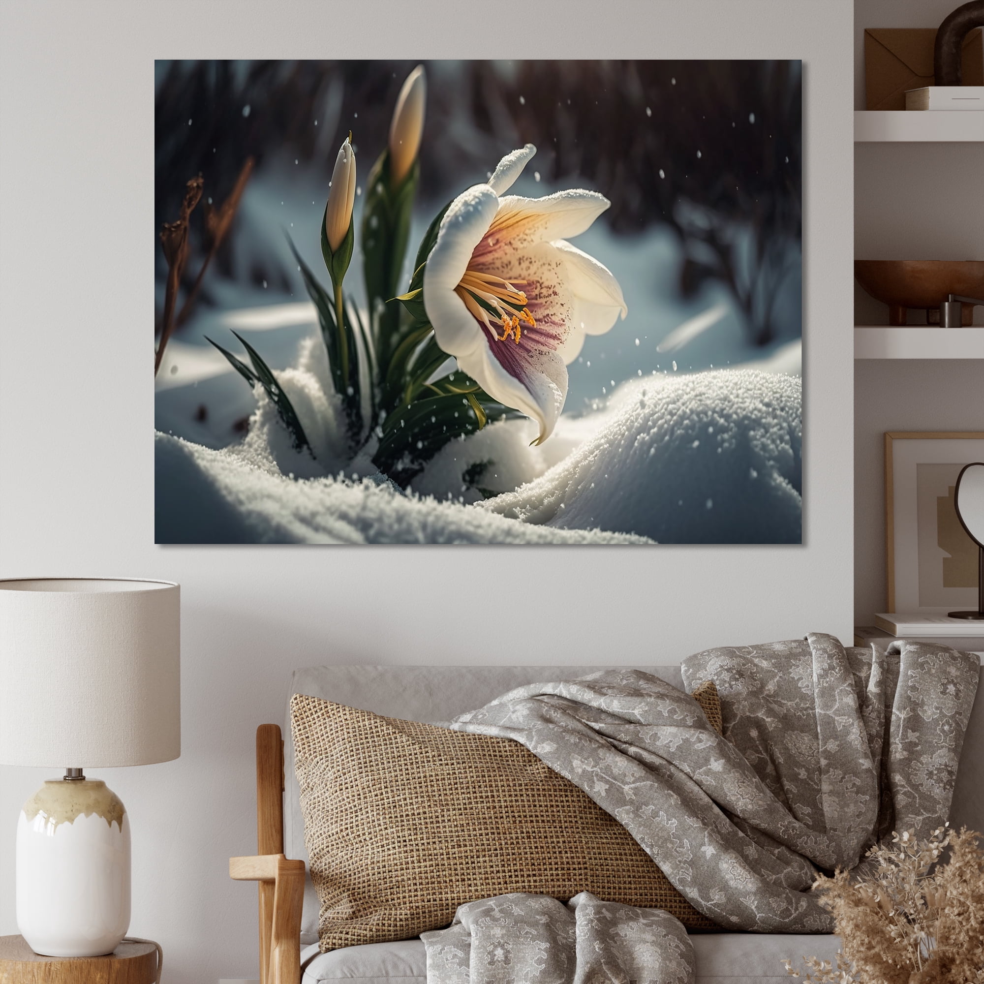 Designart A Blooming White And Purple Lily Flower In Winter III Canvas Wall Art