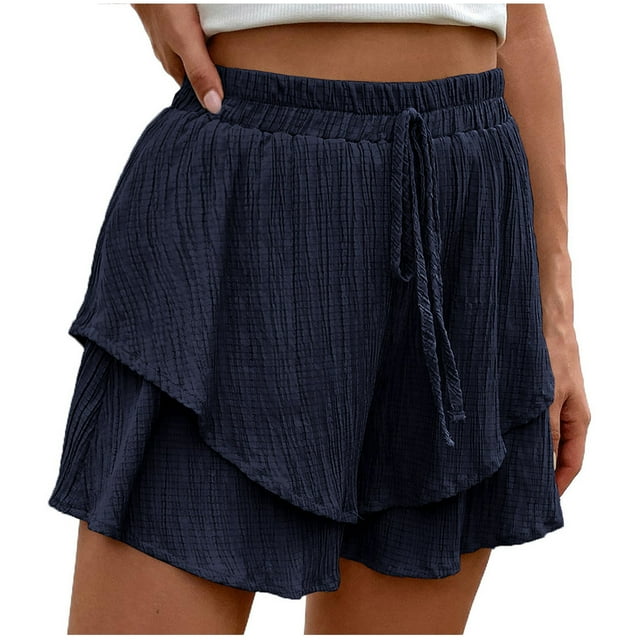 ameIAEA Womens Summer Vacation Shorts High Waisted Wide Leg Drawstring Ruffle Flowy Shorts with Pockets