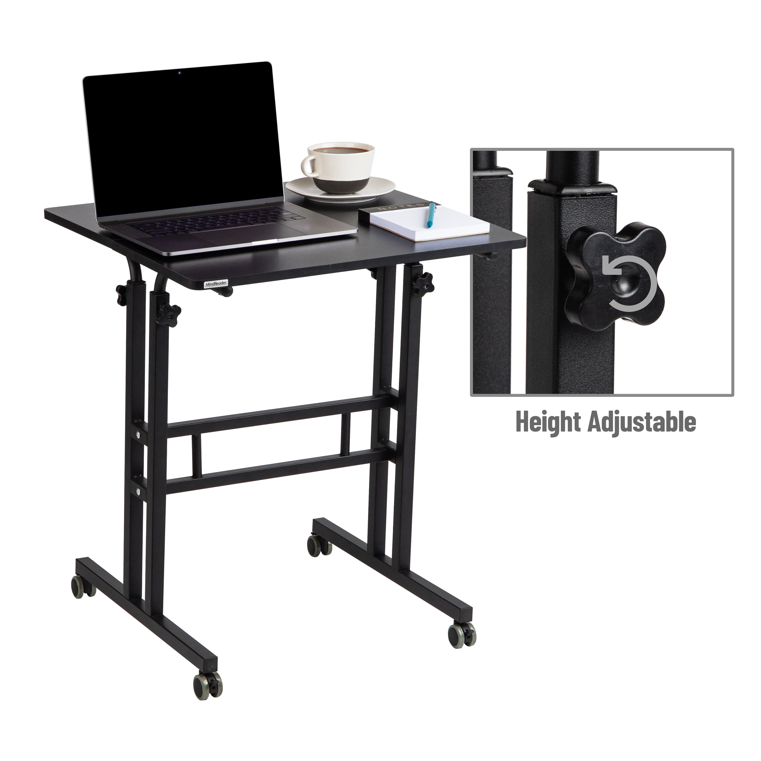 Mind Reader Standing Desk, Adjustable Height Laptop Workstation, Portable Rolling Desk on Wheels, Two-Tier Metal Frame, Black
