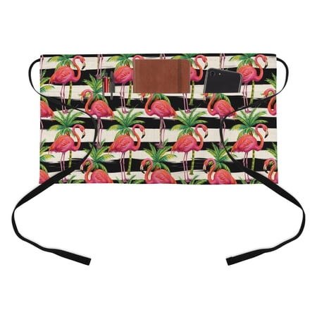 Pink Flamingo Half Waist Apron Palm Leaf White Black Striped Vintage Short Waiter Aprons with 3 Pockets for Women Men Kitchen Restaurant Cooking